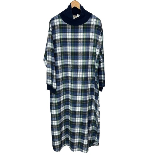 Vtg L.L. BEAN WOMEN'S LONG NIGHTGOWN PULLOVER PLAID FLANNEL Turtleneck L Blue